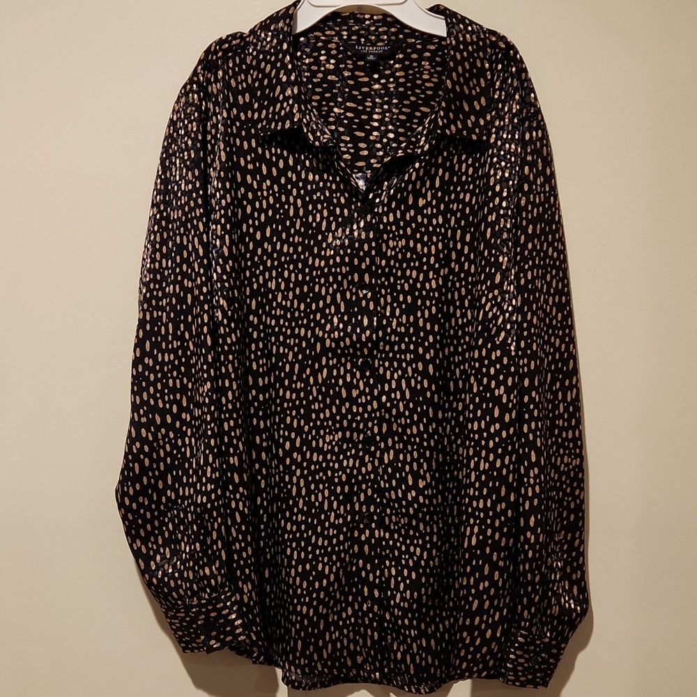 ❤️ LIVERPOOL JEANS COMPANY SATIN BUTTON DOWN TOP IN BLACK TAN ANIMAL DOTS, XL